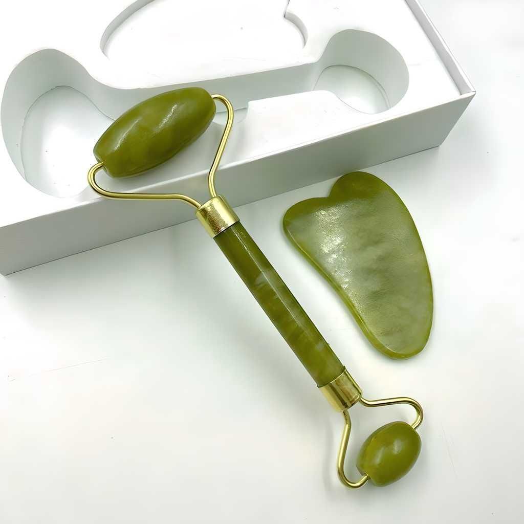 Green facial roller and gua sha tool set